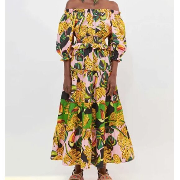 FARM RIO Toucananas Tiered Cotton Off-The-Shoulder Maxi Dress Small - Picture 5 of 12
